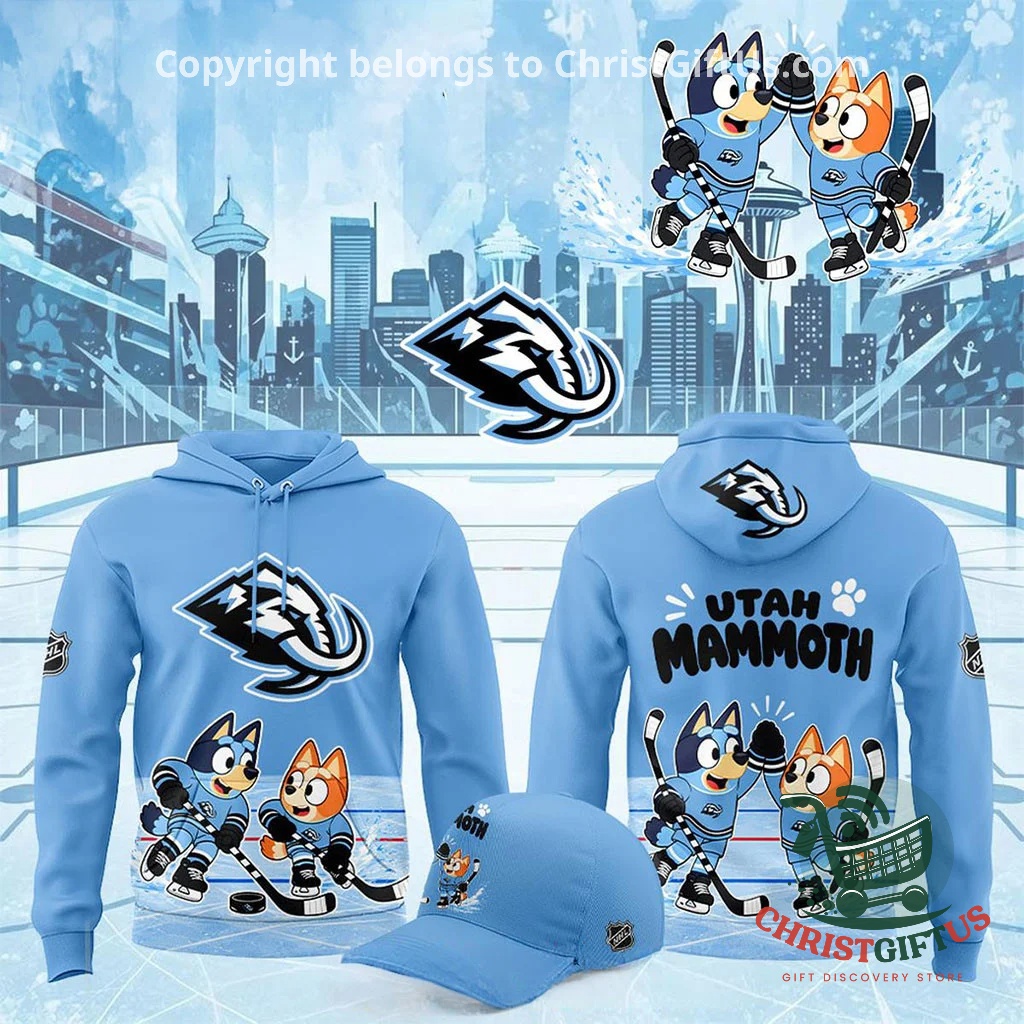 Utah Mammoth Bluey Day 2026 Hockey Hoodie - front and back hoodies with matching cap