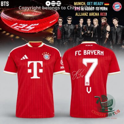 V BTS x Bayern Munich Arirang World Tour 2026 Football Jersey - front and back views