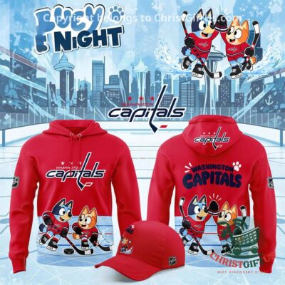 Washington Capitals Bluey Night 2026 Hoodie - front and back views with matching red cap