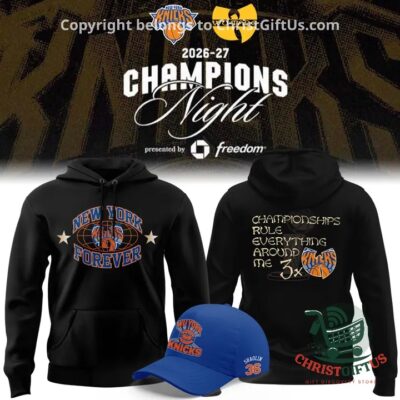 Wu-tang New York Knicks 2026-27 Champions Night Hoodie - front and back views with blue cap