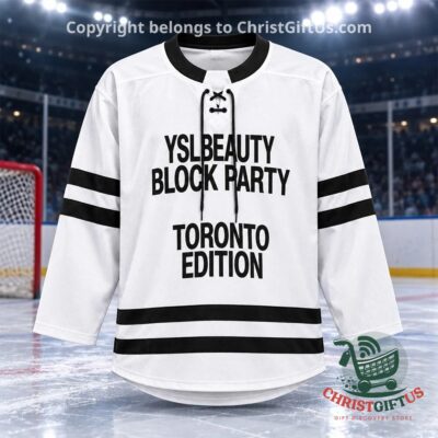 YSL Beauty Block Party Toronto Edition Hockey Jersey - front view with bold black lettering