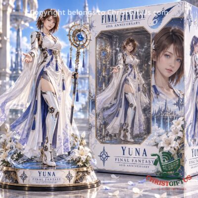 Yuna Final Fantasy 40th Anniversary 3D Collectible Figure - front view with matching display box
